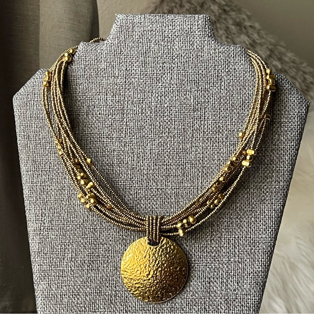 JOAN RIVERS | Vtg Multi-Strand Gold Beaded Torsade Textured Medallion Necklace
